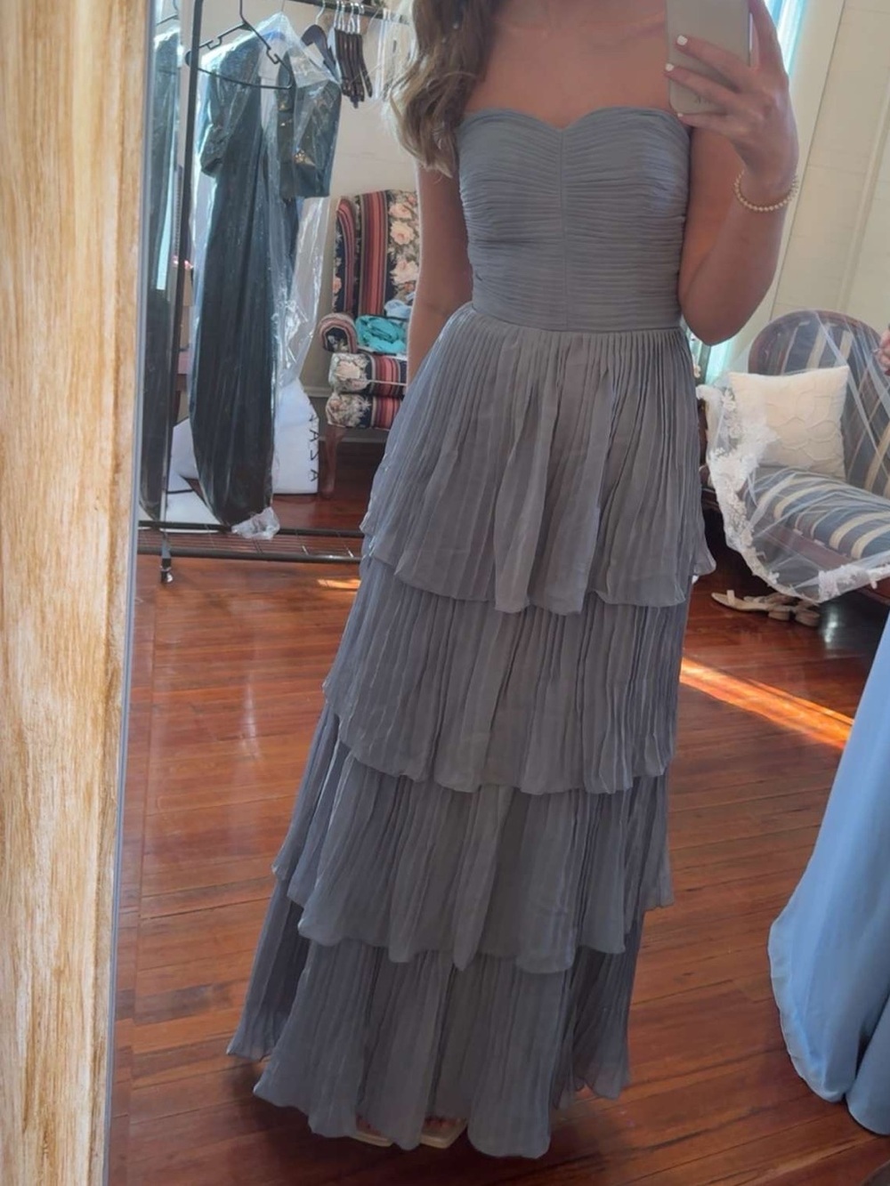Strapless Ruffled Bridesmaid Dress Dusty Blue Chiffon